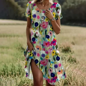 Zomerse korte damesjurk met bloemenprint en speelse flair – Florynne BloomDress