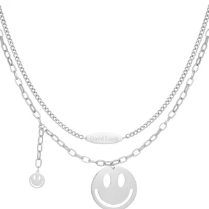 Happy life smiley ketting - zilver